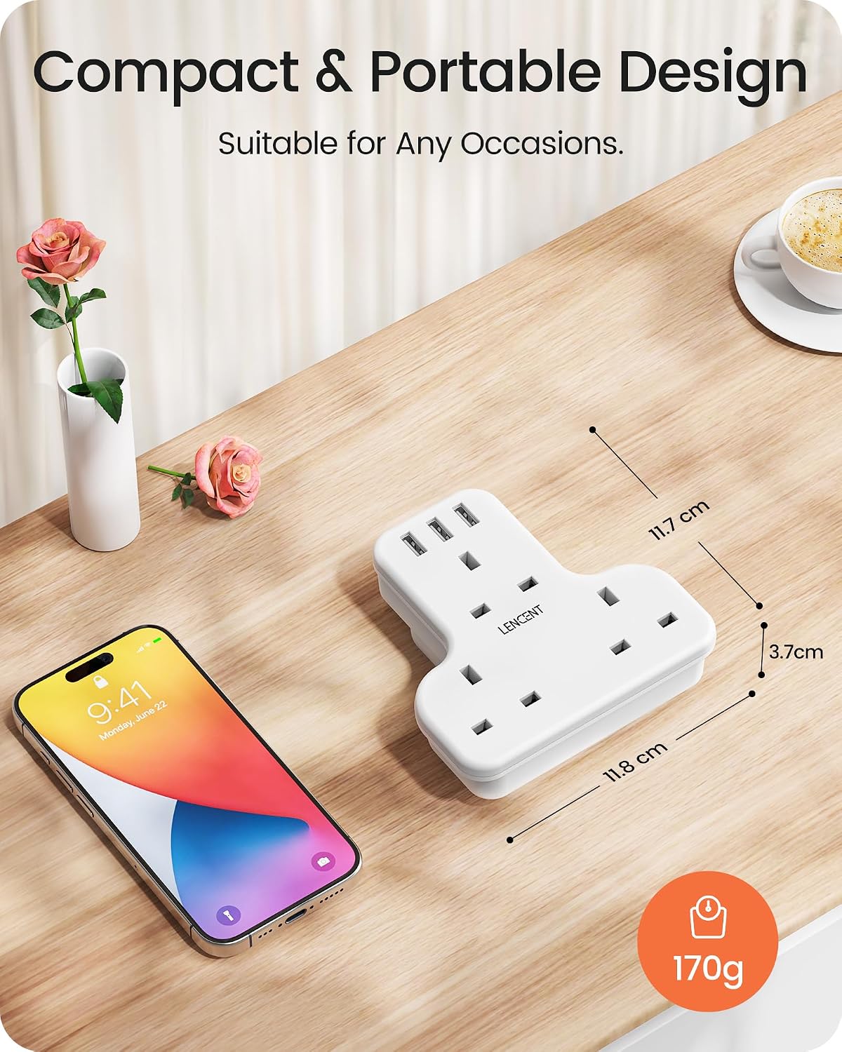 LENCENT Plug Extension Socket, 3 Way Multi Plug Socket with 3 USB Ports