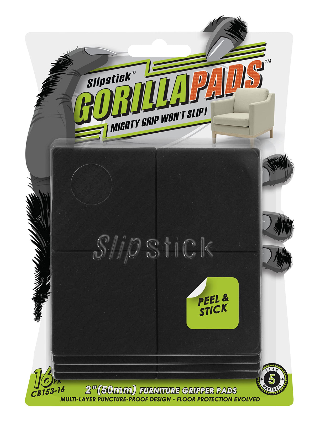 Slipstick GorillaPads Non Slip Furniture Pads/Gripper Floor Protectors (Set of 4) 3 Inch Square Self Adhesive Rubber Stoppers for Furniture Legs, CB155