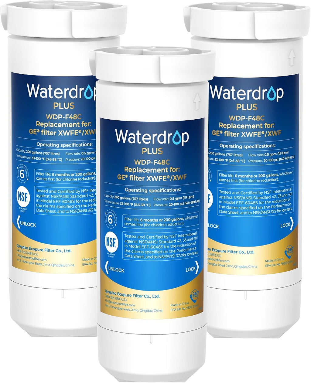 Waterdrop Plus Water Filter Replacement for GE® XWFE®, Built-in Chip 3 Pack