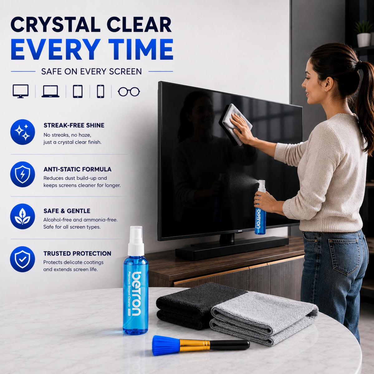 Betron Screen Cleaner Spray Kit with Cloth for TV, Laptop, Monitor, 500ml