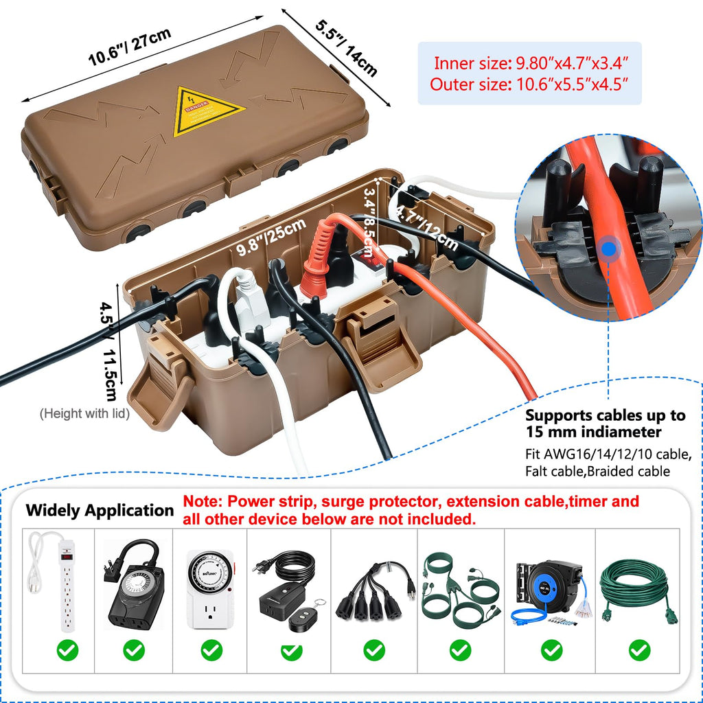 Hrensaw Medium Outdoor Electrical Box(10.6x5.5x4.5inch),Weatherproof Connection Box w/6 Cable Entry,IP54 Waterproof Extension Cord Cover Protect Power Strip,Timer,Plug,Holiday Lights,Black