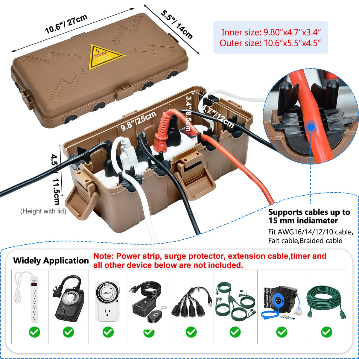 Hrensaw Medium Outdoor Electrical Box(10.6x5.5x4.5inch),Weatherproof Connection Box w/6 Cable Entry,IP54 Waterproof Extension Cord Cover Protect Power Strip,Timer,Plug,Holiday Lights,Black