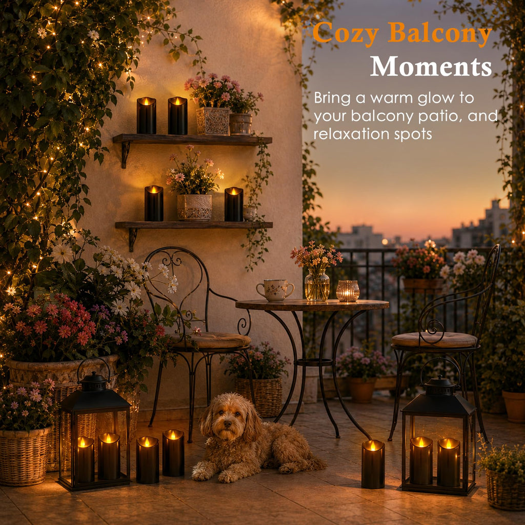 Outdoor Flameless Candles, Patented 3D Dual-LED, Set of 2 Slanted Plastic Pillars with Remote, Waterproof Non-Melting Battery Operated Decor for Bathroom Bedroom Gift, Black (D3 x H6)