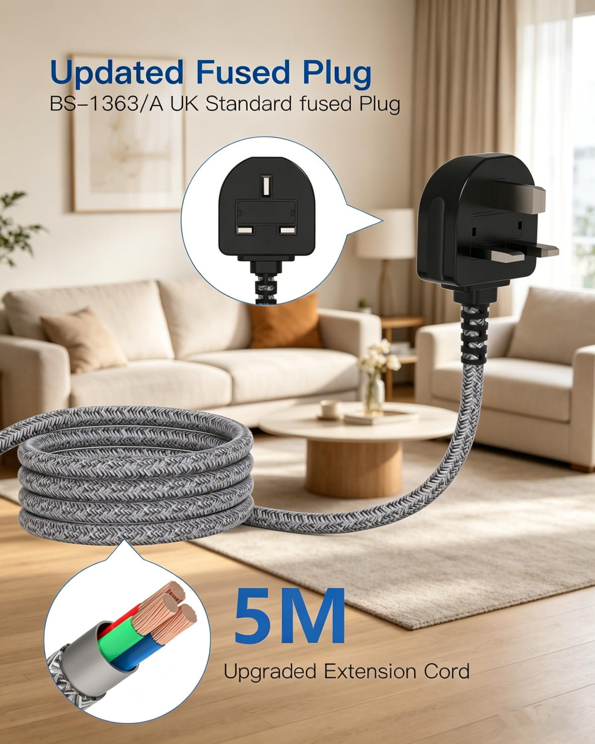 Extension Lead with USB Slots, 6 Way Outlets 5 USB (5A, 3 USB- C Port),1.6M