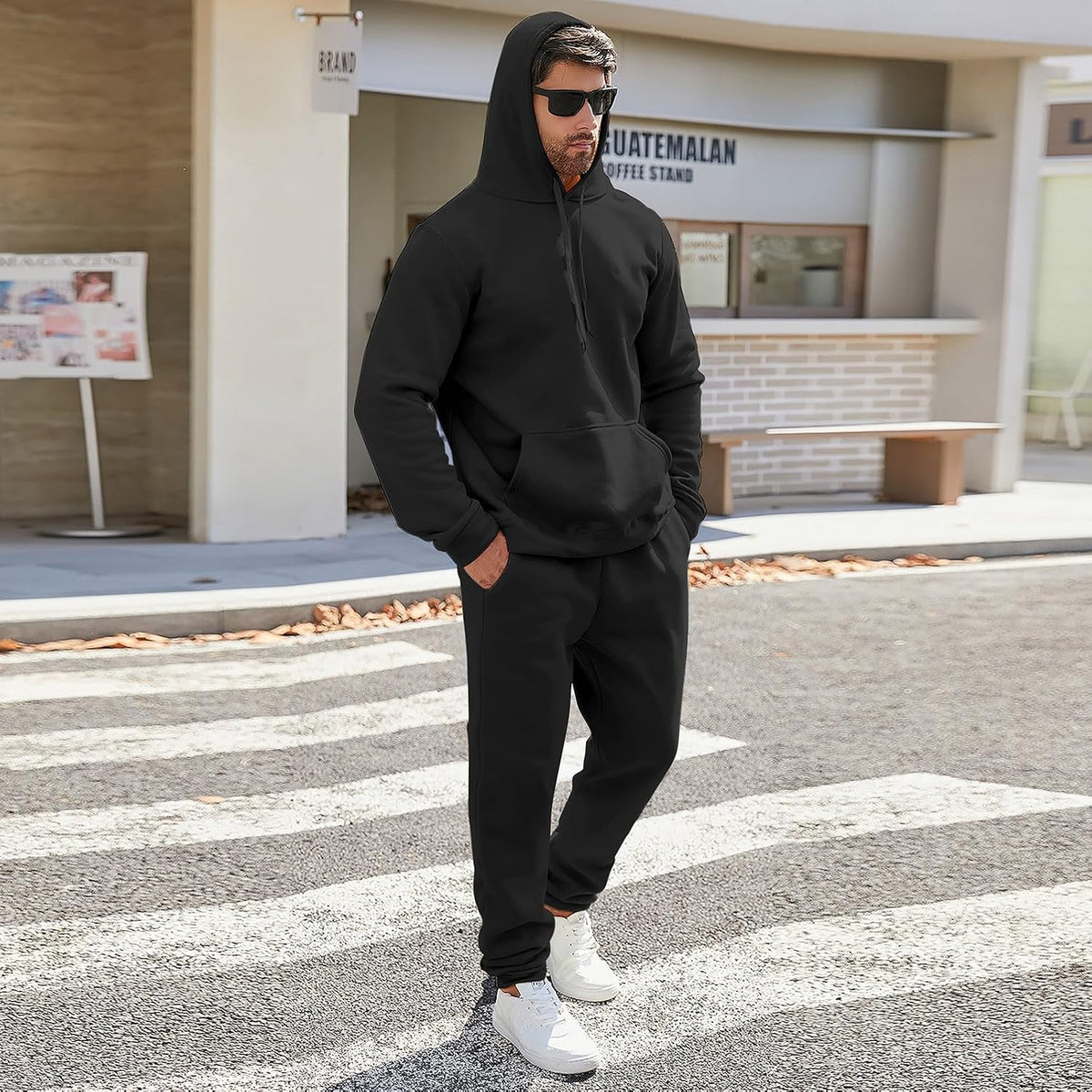 Mens Plain Tracksuit Long Sleeve Hooded Sweatshirt Sweatpants Set Hoodie Joggers Sets 2 Piece Fashion Sweatsuits Activewear Sportswear Men's Clothing UK