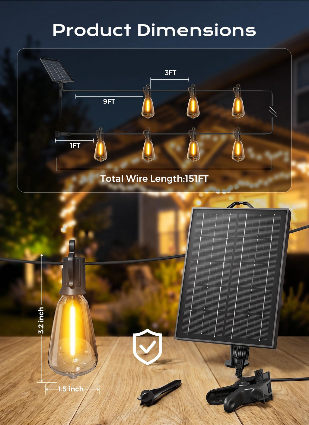 Brightown 52FT Solar String Lights Outdoor Waterproof, Last 30+ Hrs Runtime