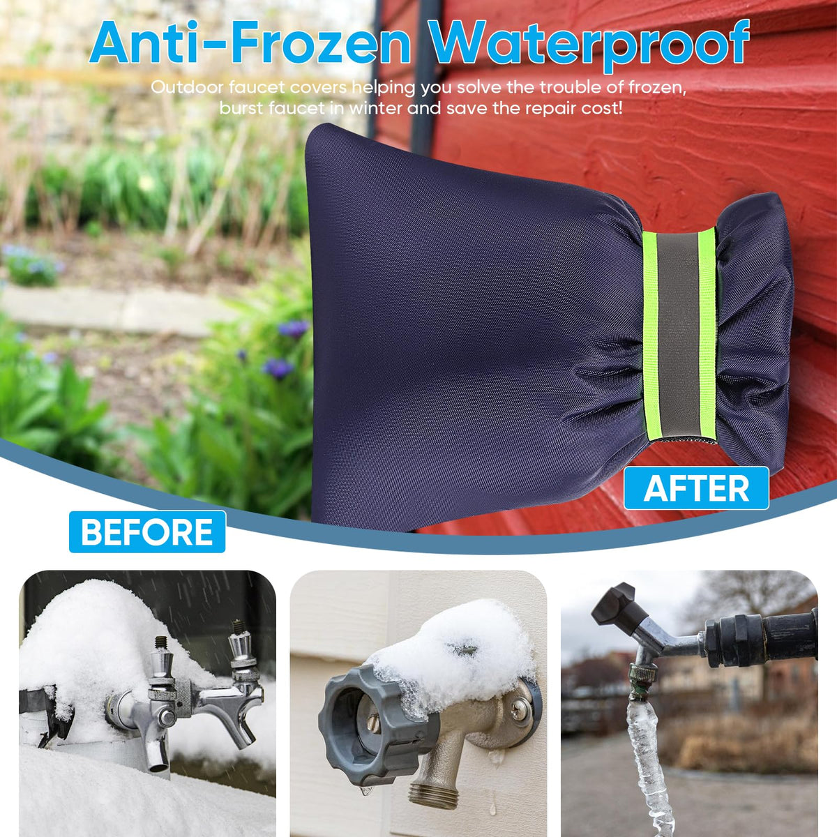 2Pack Outdoor Faucet Covers for Winter,8.5"x6.7"x2" Pro Spigot Cover Freeze Protection,Outdoor Water Socks with Reflective Strips for Winter Spigot Cover Pipe Insulation Reusable Waterproof,Black