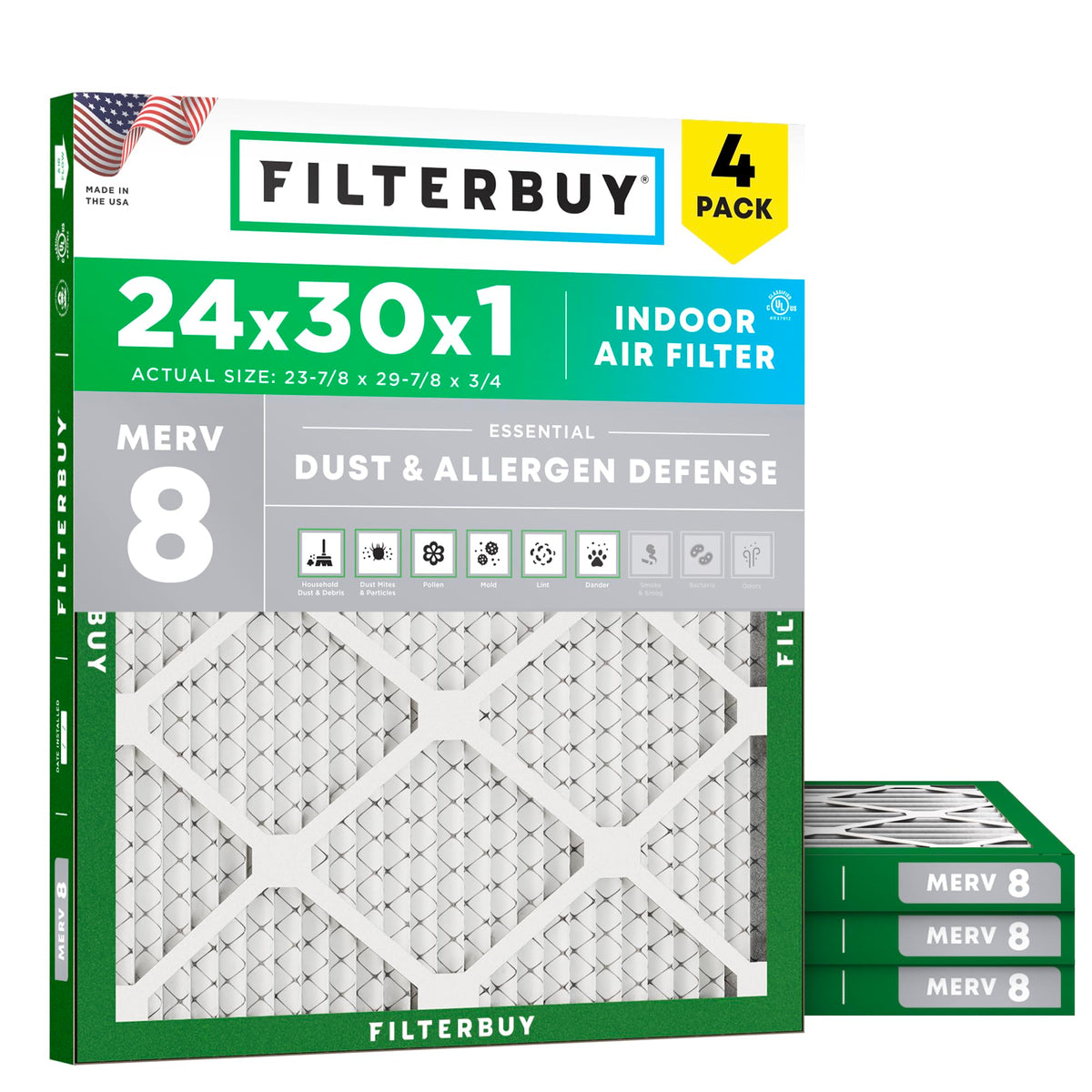 Filterbuy 20x20x1 Air Filter MERV 8 Dust & Allergy Defense (4-Pack)