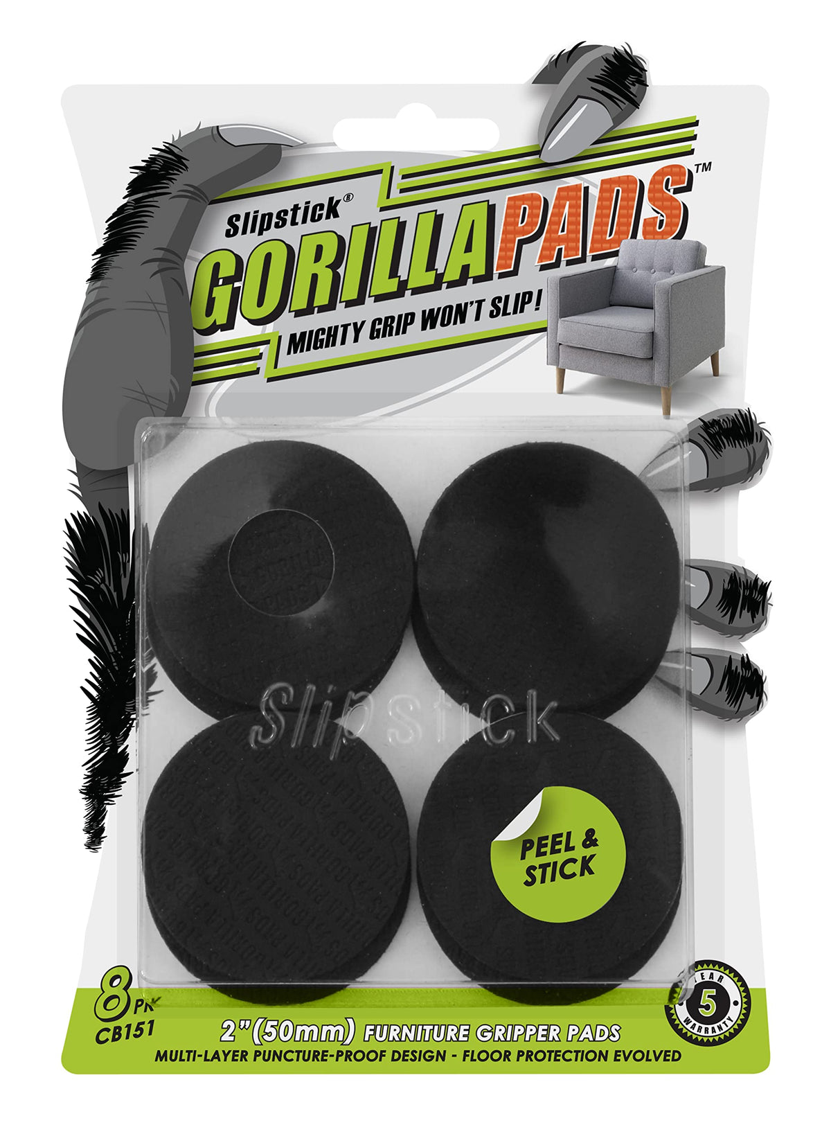 Slipstick GorillaPads Non Slip Furniture Pads/Gripper Floor Protectors (Set of 4) 3 Inch Square Self Adhesive Rubber Stoppers for Furniture Legs, CB155