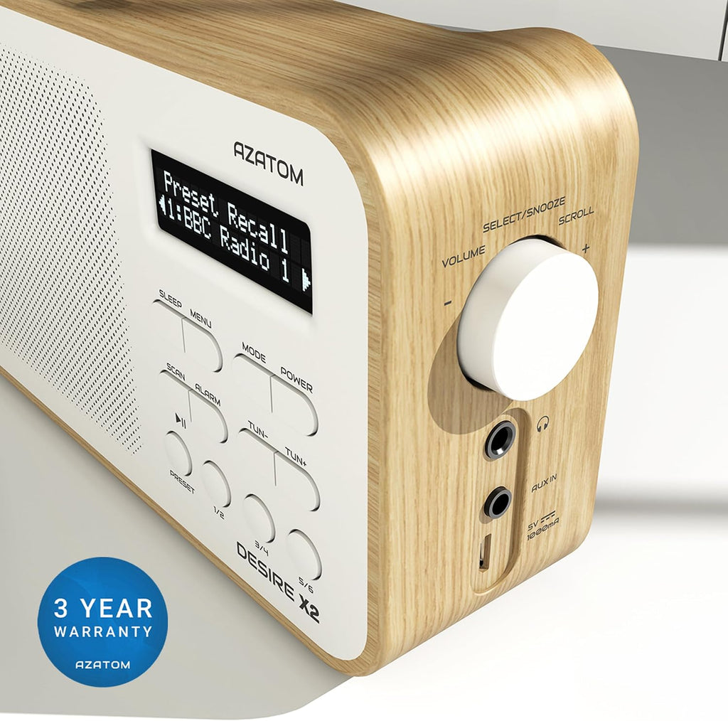DAB/DAB+ & FM Portable Digital Radio | Simple Controls | Dual Alarms & Sleep Timer | Battery & Mains Powered (4x”AA”) | Bluetooth | Perfect for Home, Office or Outdoors | AZATOM Desire X2 (Oak)