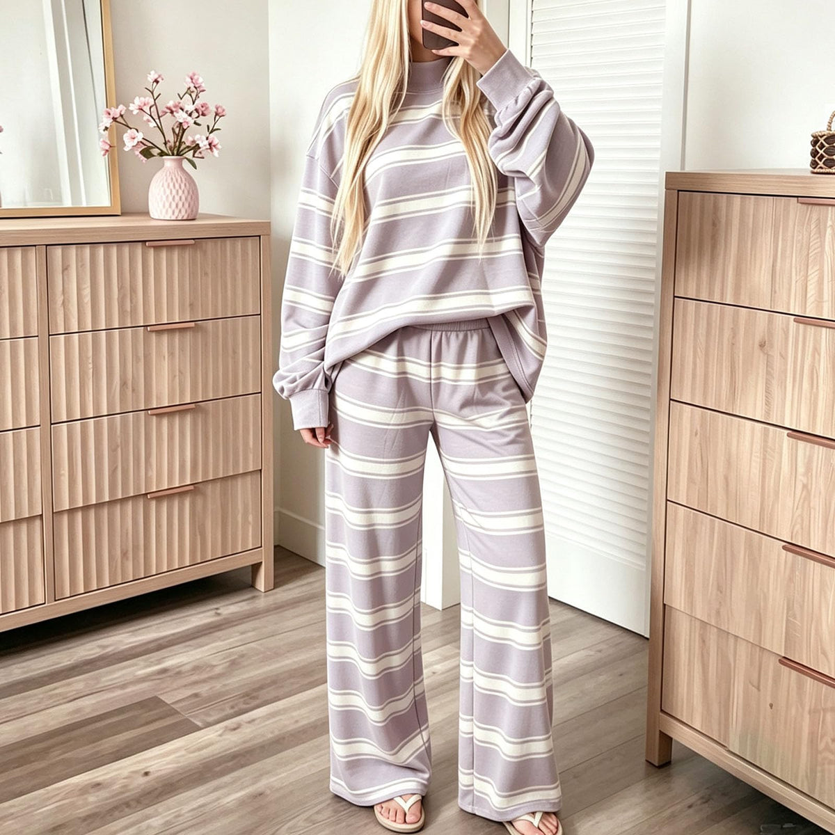 Striped Lounge Wear Sets for Women UK 2 Piece Outfits Loungewear Travel Matching Pyjamas Sets Mock Neck Oversized Knitted Jumper Long Sleeve Top and Wide Leg Pants Fall Winter
