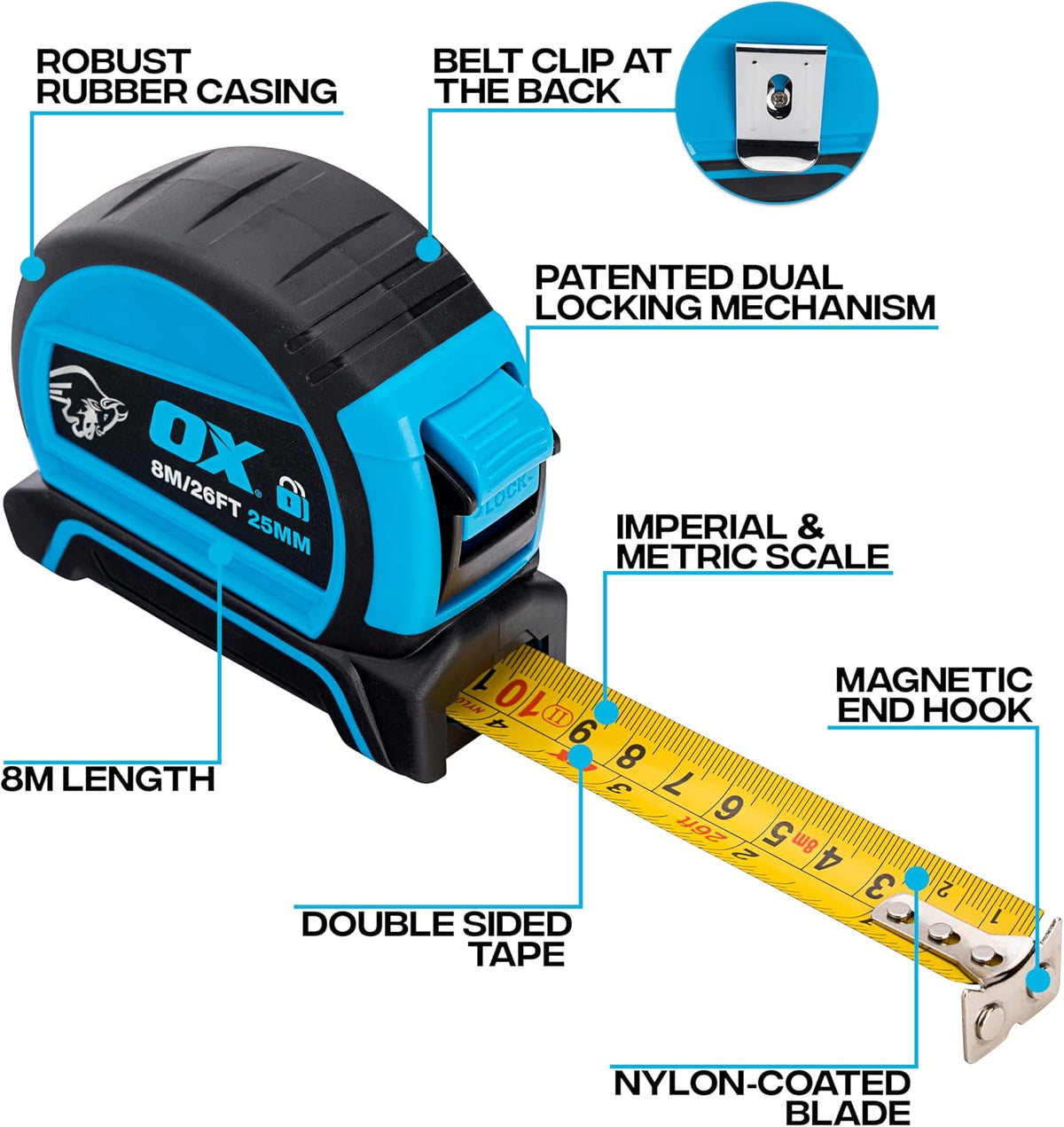 OX Pro Dual Auto Lock Tape Measure 5m, Magnetic Hook, Metric & Imperial