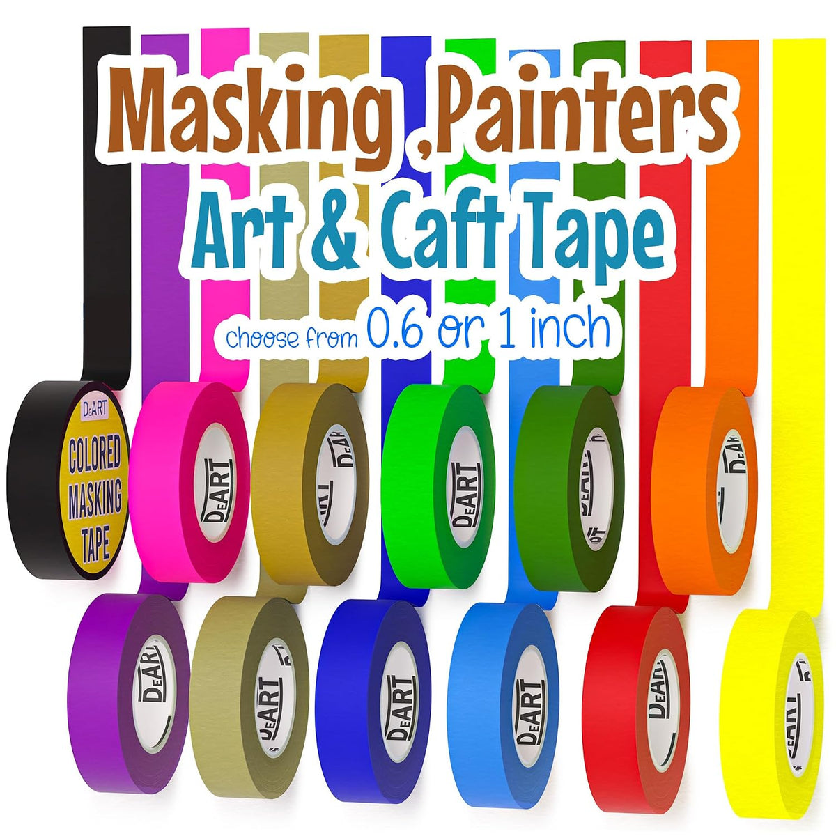 DEART Colored Masking Tape Painters Tape 12 or 8 Pack 1 inch or 0.6 Inches