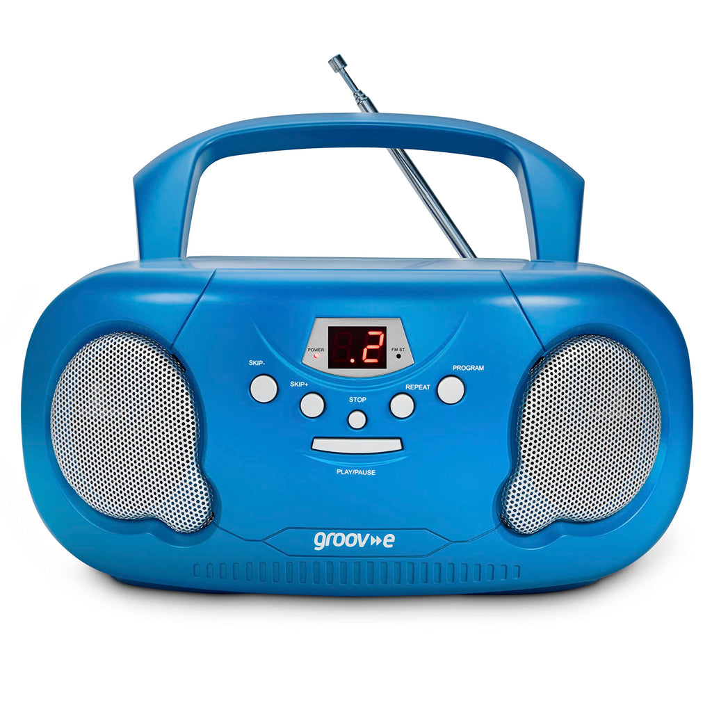 Groov-e Original Boombox - Portable CD Player with Bluetooth, Radio, 3.5mm Aux Port, & Headphone Socket - LED Display, 2 x 1.2W Speakers - Battery or Mains Powered - Blue