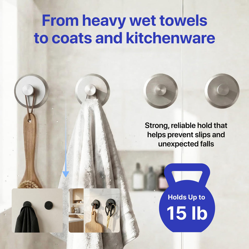 HOME SO Suction Cup Hooks for Shower & Bathroom Towel Holder 2-Pack Black