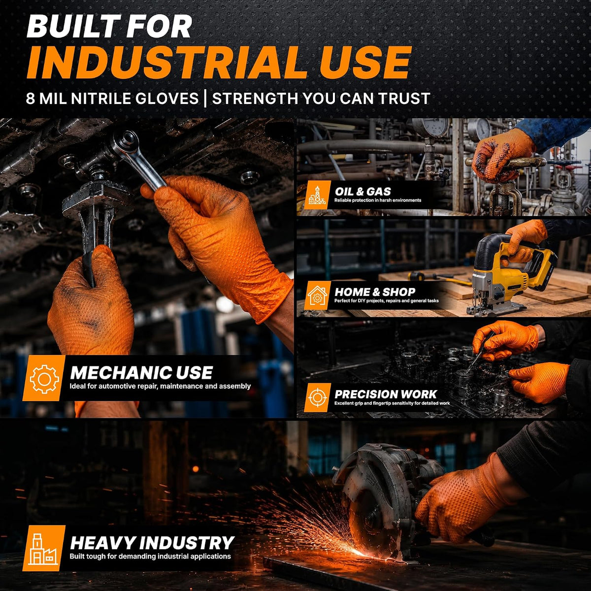 TitanFlex Heavy Duty Industrial Orange Nitrile Gloves, 8-mil, Gloves Disposable Latex Free with Raised Diamond Texture Grip, Powder Free, Rubber Glove, Mechanic Gloves,50-ct Box (Small)