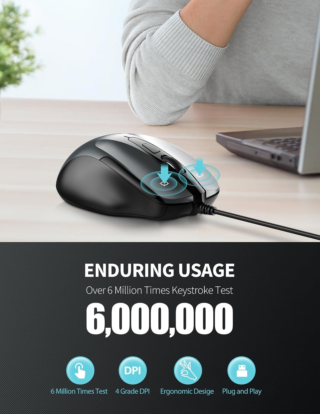 TECKNET USB Wired Mouse,6400 DPI Optical,6-Button Ergonomic Computer Mouse