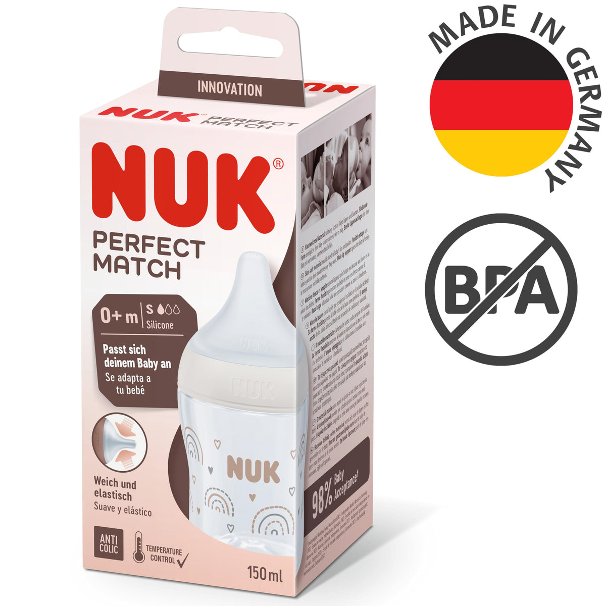 NUK Perfect Match Baby Bottle | 3+ Months | 260ml | Anti Colic Feeding Bottle | PP | Temperature Control Indicator | Hippo | 3 Count