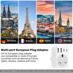 2 Pack UK To European Plug Adapter, 5 IN 1 European Travel Adaptor with 2 USB C & 2 USB A, EU Plug Adapter for Germany Spain France Turkey Greece etc (Type E/F)