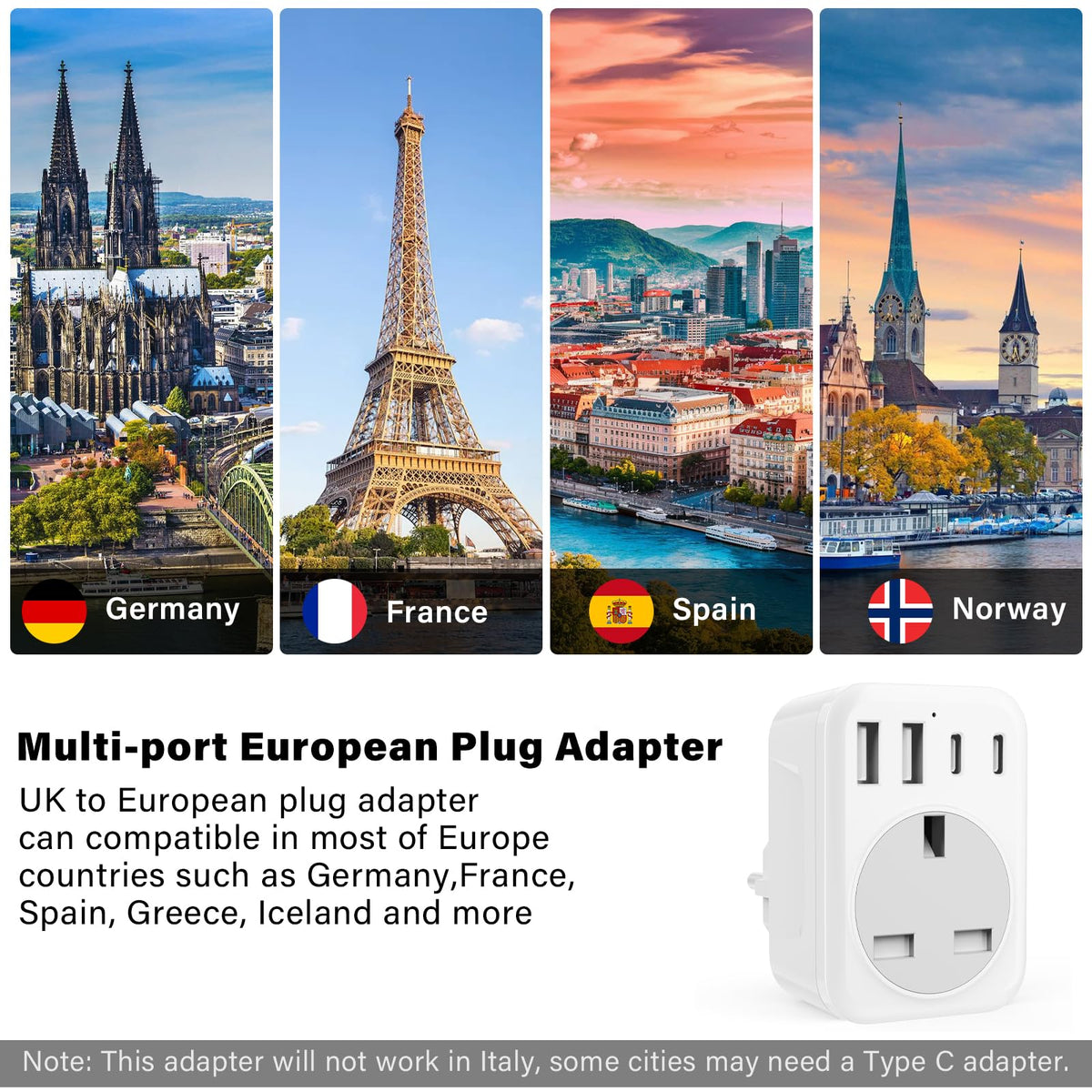 2 Pack UK To European Plug Adapter, 5 IN 1 European Travel Adaptor with 2 USB C & 2 USB A, EU Plug Adapter for Germany Spain France Turkey Greece etc (Type E/F)
