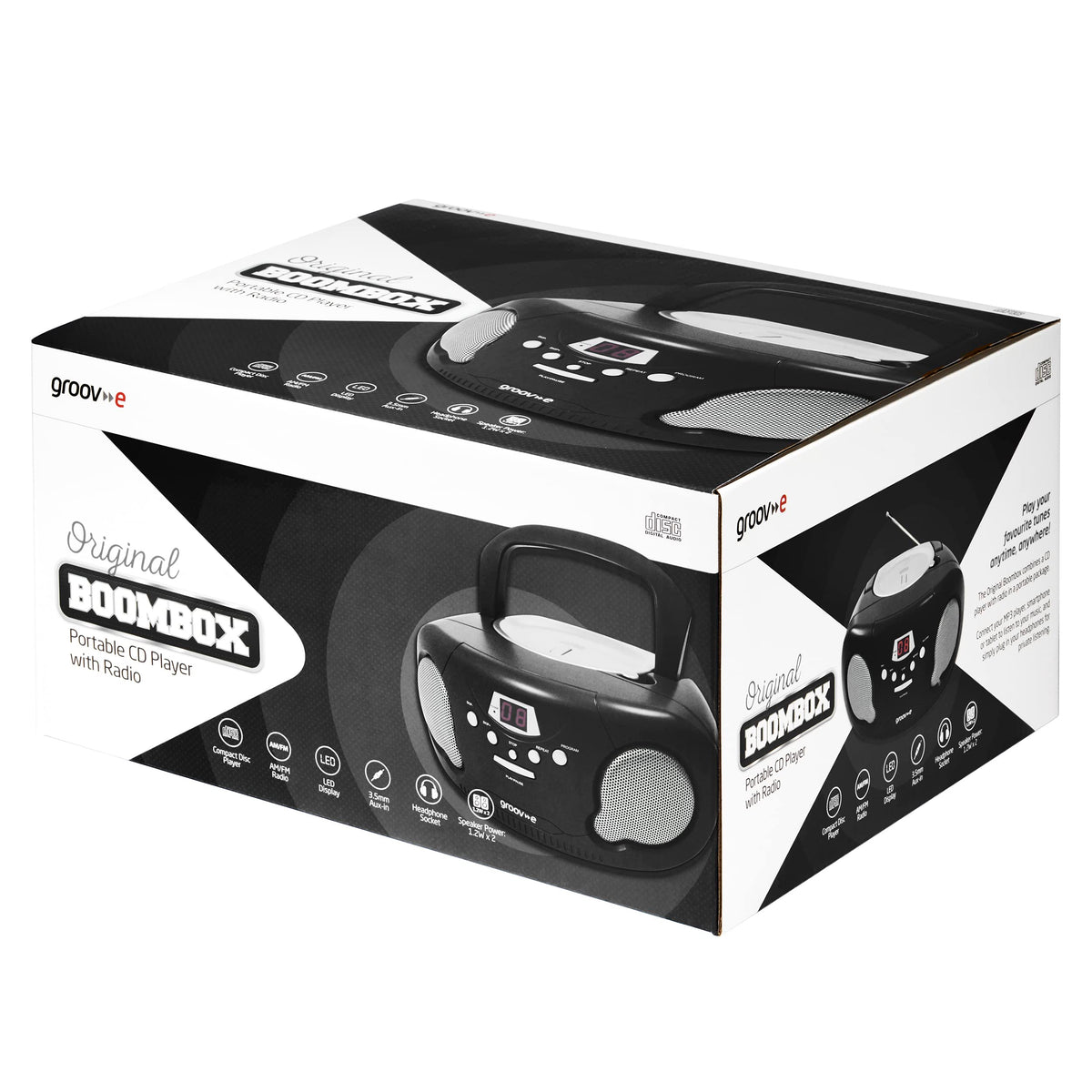 Groov-e Original Boombox - Portable CD Player with Bluetooth, Radio, 3.5mm Aux Port, & Headphone Socket - LED Display, 2 x 1.2W Speakers - Battery or Mains Powered - Blue