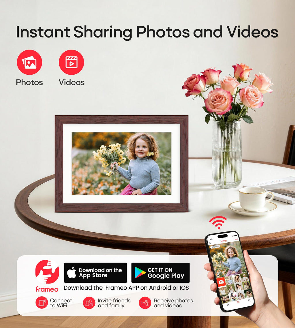 Frameo WiFi Digital Photo Frame 10.1 Inch - 1280x800 HD IPS Touch Screen Picture Frame Electronic, 32GB Memory, Auto Rotate, Wall Mountable, Digital PictureFrame for Sharing Photos and Videos