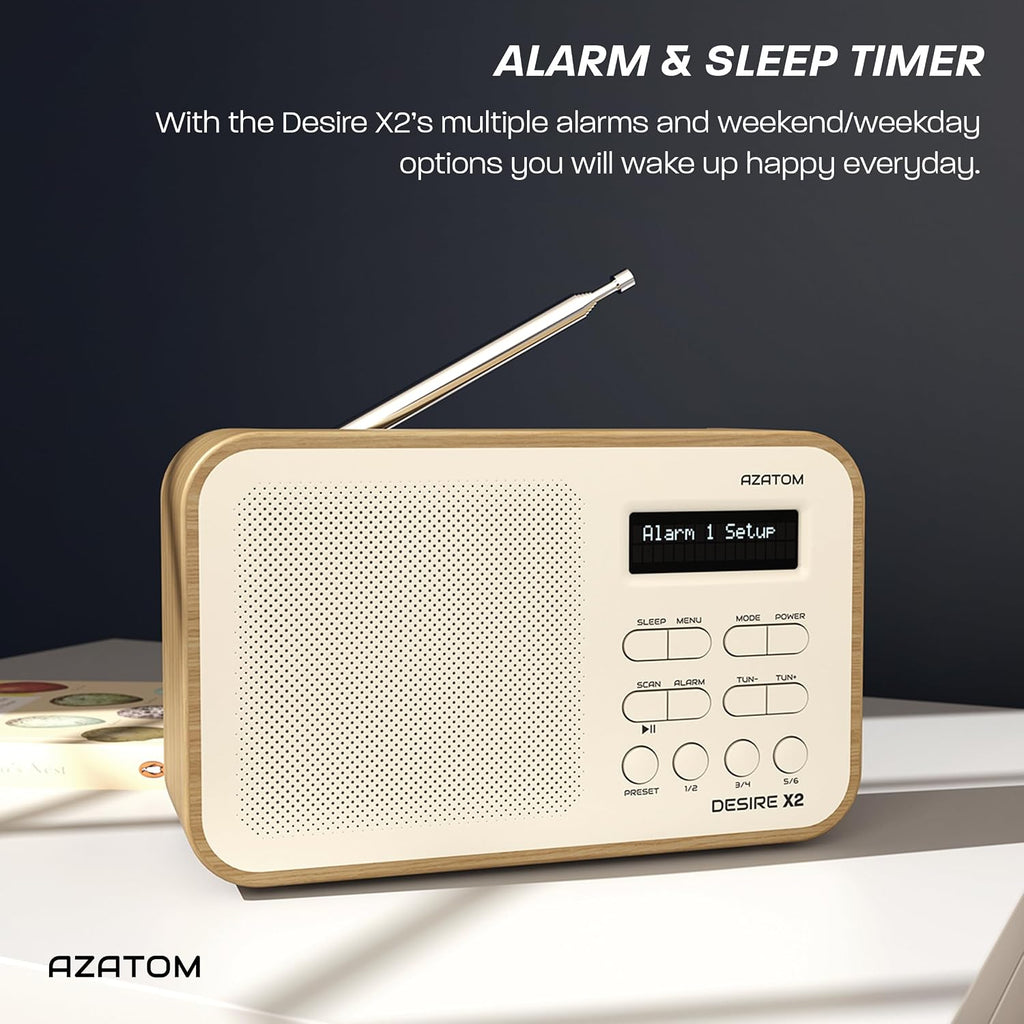 DAB/DAB+ & FM Portable Digital Radio | Simple Controls | Dual Alarms & Sleep Timer | Battery & Mains Powered (4x”AA”) | Bluetooth | Perfect for Home, Office or Outdoors | AZATOM Desire X2 (Oak)