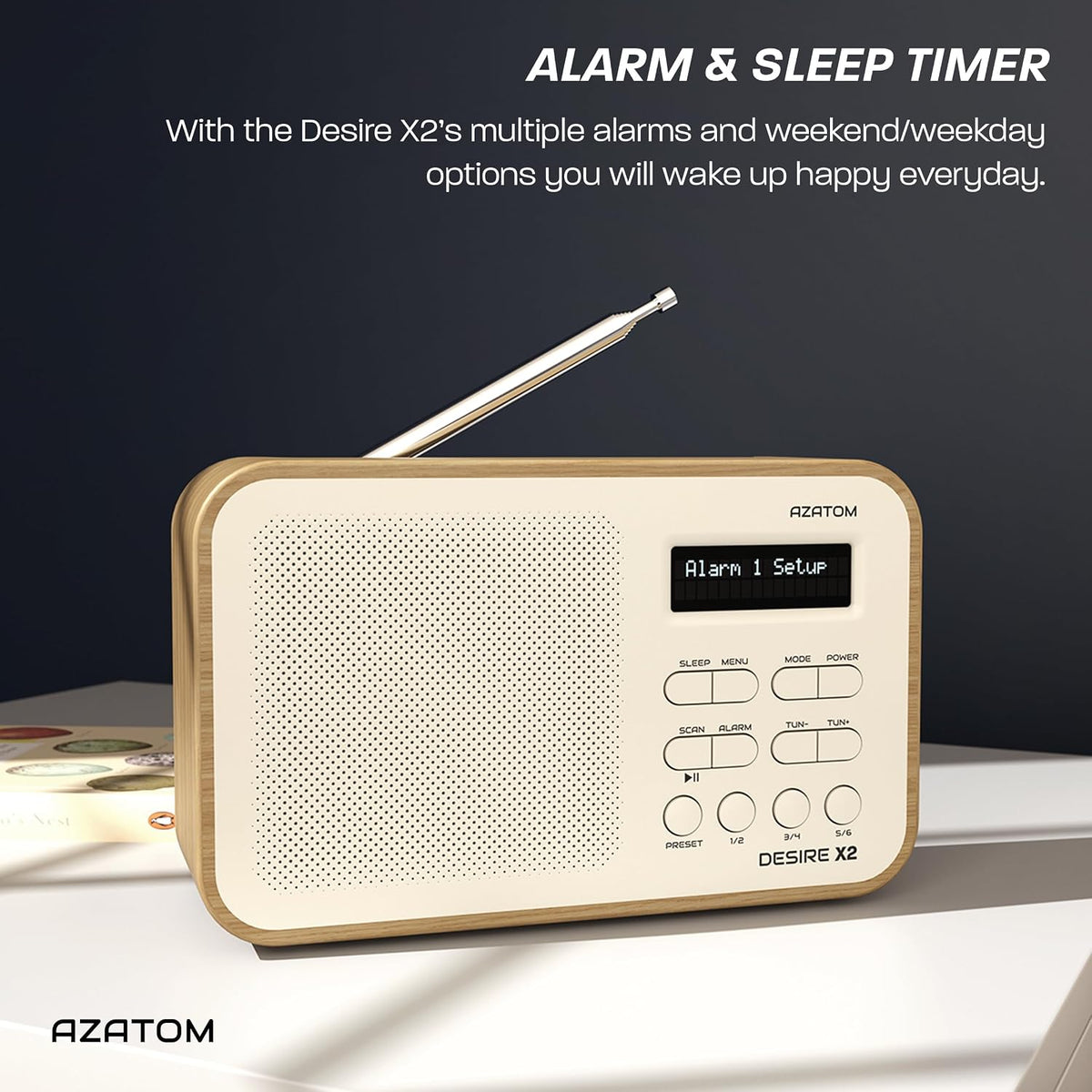 DAB/DAB+ & FM Portable Digital Radio | Simple Controls | Dual Alarms & Sleep Timer | Battery & Mains Powered (4x”AA”) | Bluetooth | Perfect for Home, Office or Outdoors | AZATOM Desire X2 (Oak)