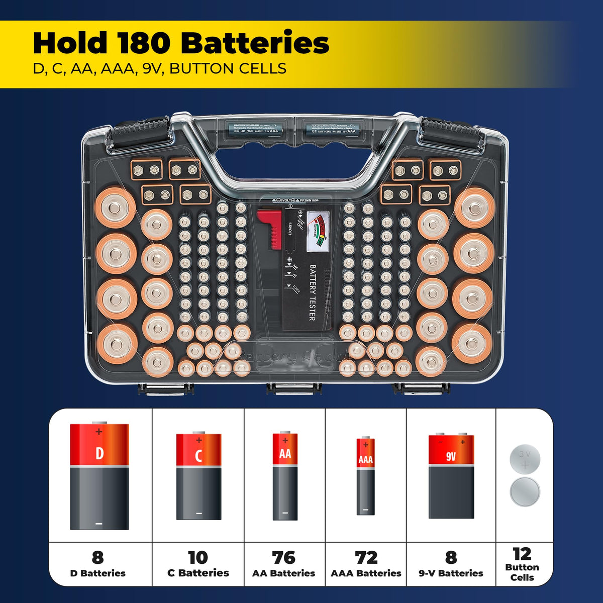 Ontel Battery Daddy Storage & Organizer Case w/Tester, Stores & Protects Up to 180 Batteries, Double-Sided, Clear Locking Lid, Secure Latches & Portable Carrying Handle - Red (Batteries Not Included)