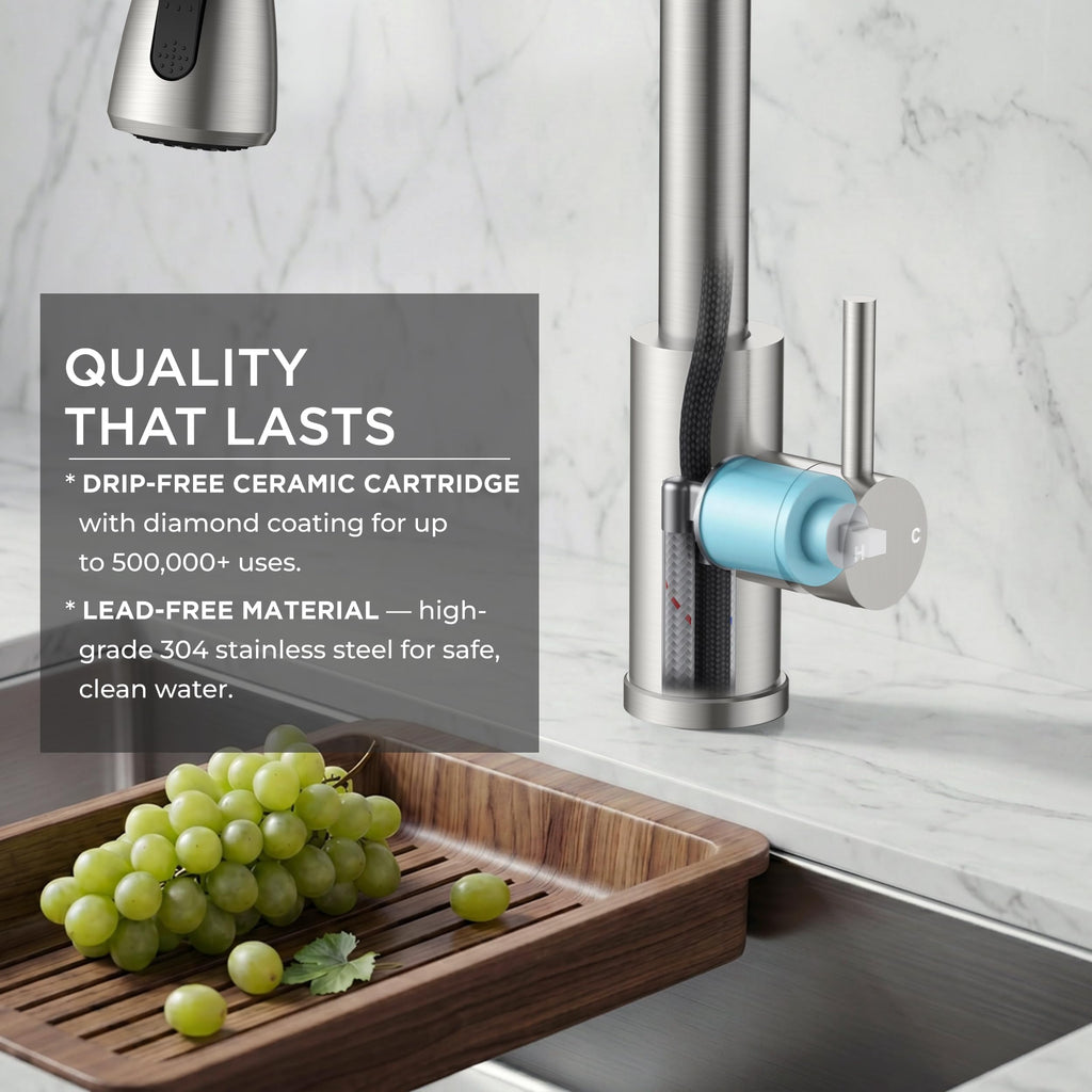 FORIOUS Kitchen Faucet with Cup Washer, Pull Down Sprayer, Brushed Nickel