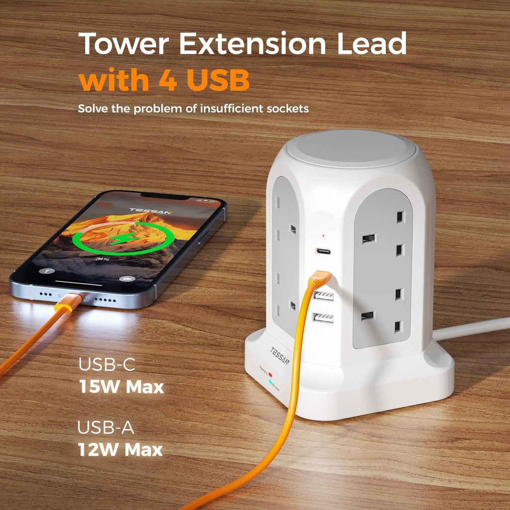TESSAN 8 Way Tower Extension Lead 2M with 4 USB Slots (2 USB C)