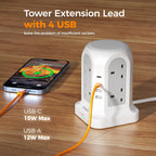 TESSAN 8 Way Tower Extension Lead 2M with 4 USB Slots (2 USB C)