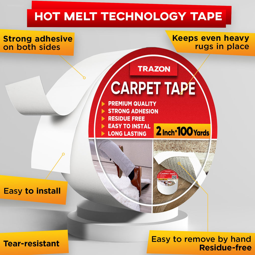Carpet Tape Double Sided - Rug Tape Grippers for Hardwood Floors and Area Rugs - Carpet Binding Tape Strong Adhesive and Removable, Heavy Duty Stickers Grip Tape, Residue Free (2 Inch / 12 Yards)