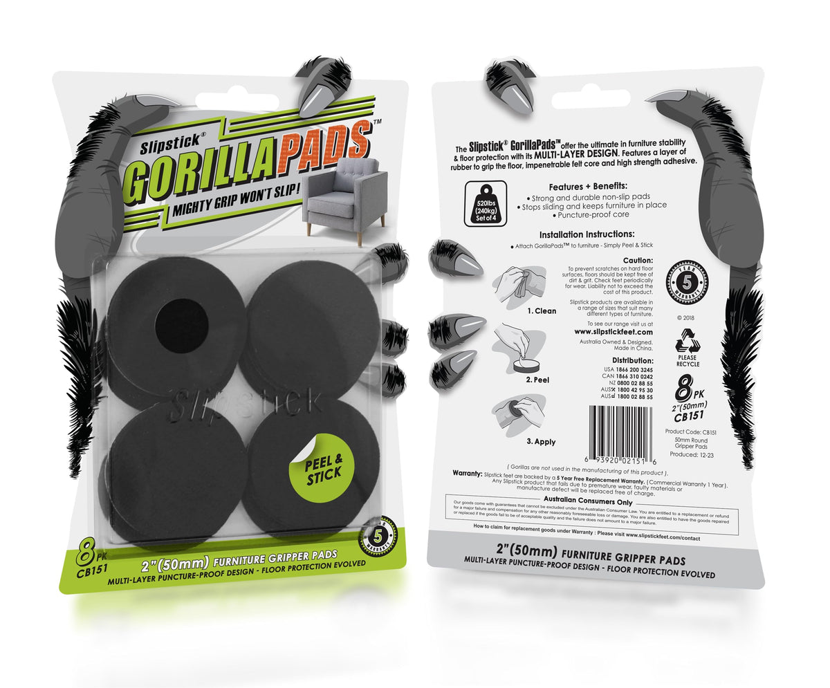Slipstick GorillaPads Non Slip Furniture Pads/Gripper Floor Protectors (Set of 4) 3 Inch Square Self Adhesive Rubber Stoppers for Furniture Legs, CB155