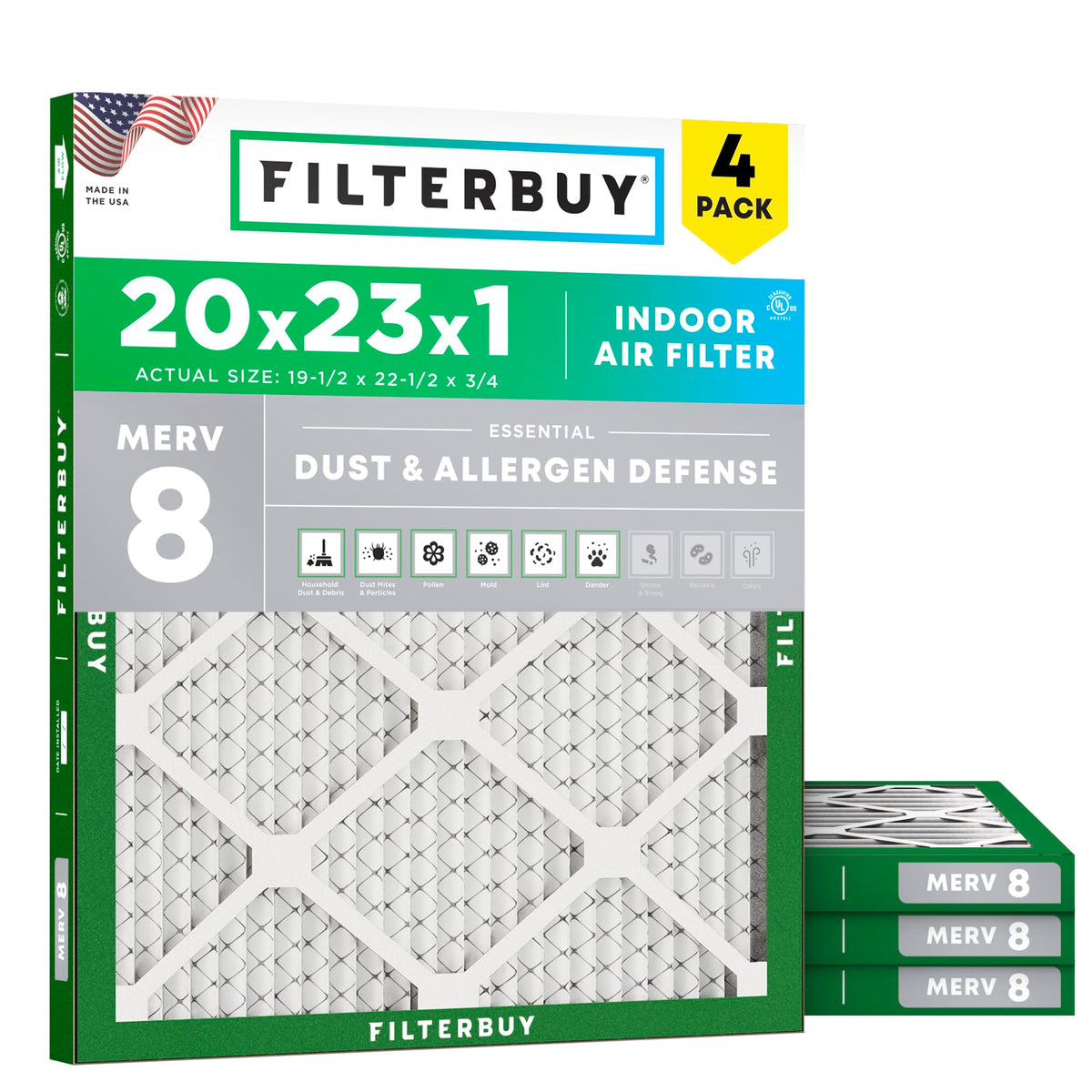 Filterbuy 20x20x1 Air Filter MERV 8 Dust & Allergy Defense (4-Pack)
