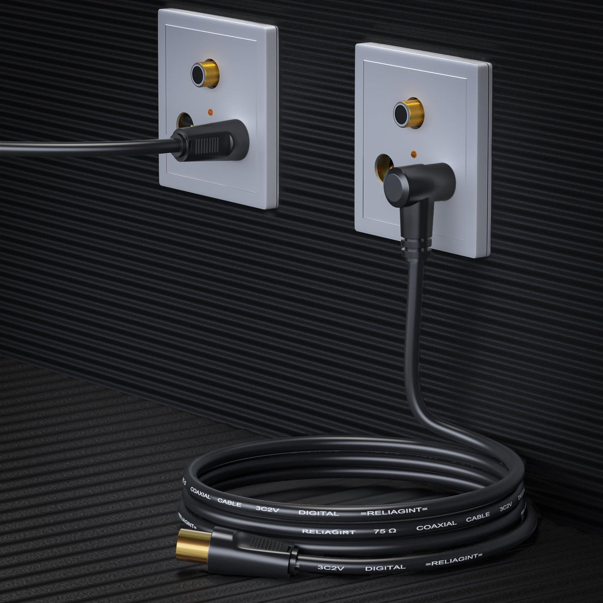 TV Aerial Cable 10m, 75 Ohm Coaxial Lead, IEC 9.5mm Male to Male 3C2V Pure Copper Dual Shielded, Right-Angle Connector, Female to Female Adaptor Included, Black