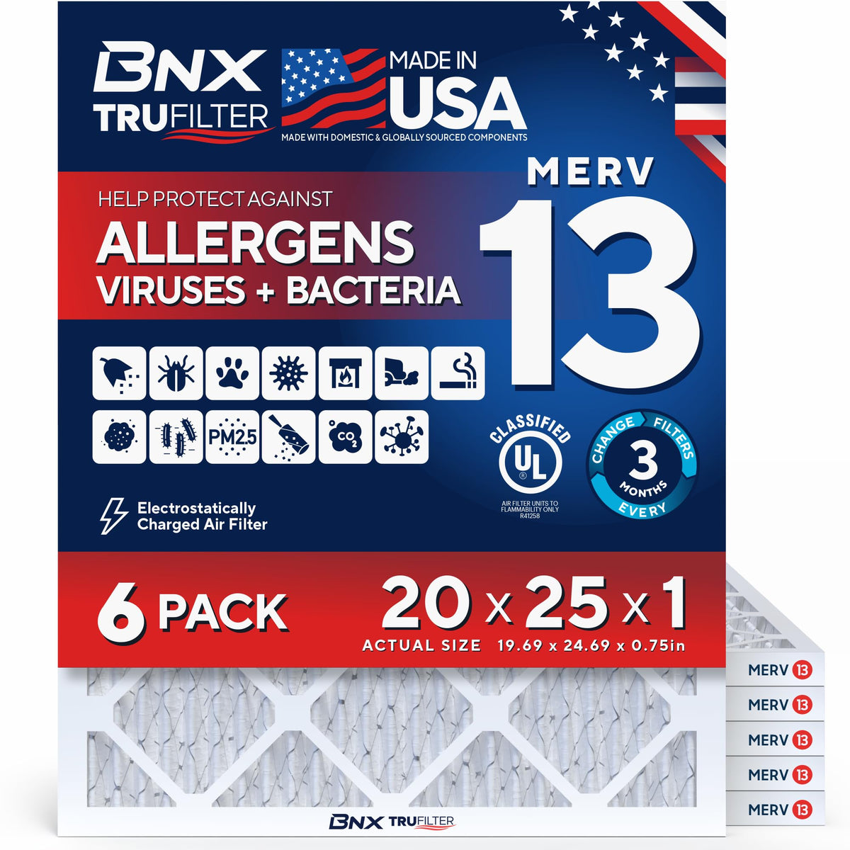 BNX TruFilter 20x20x1 Air Filter MERV 13 Smoke, Allergy, Pet Defense 6-Pack