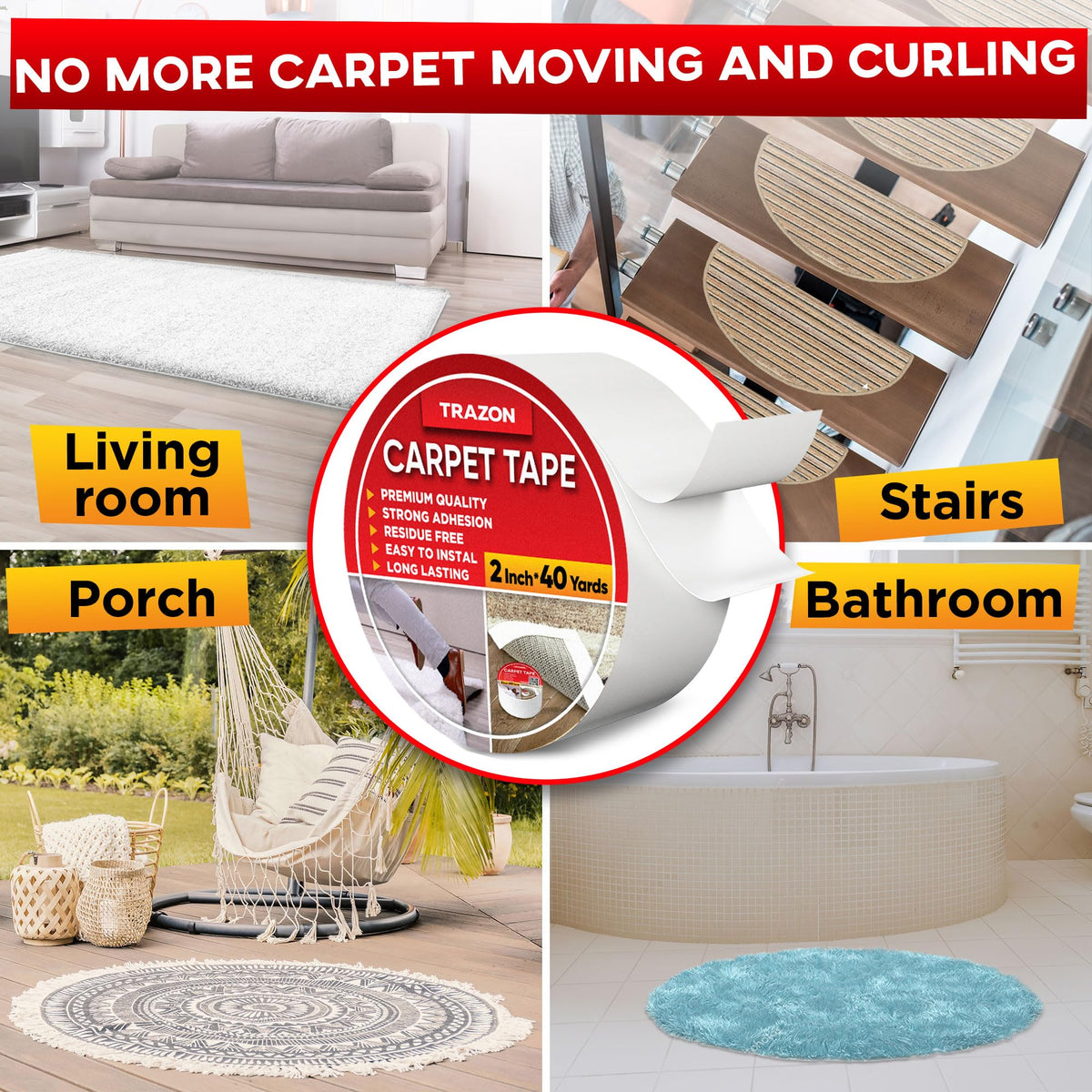 Carpet Tape Double Sided - Rug Tape Grippers for Hardwood Floors and Area Rugs - Carpet Binding Tape Strong Adhesive and Removable, Heavy Duty Stickers Grip Tape, Residue Free (2 Inch / 12 Yards)