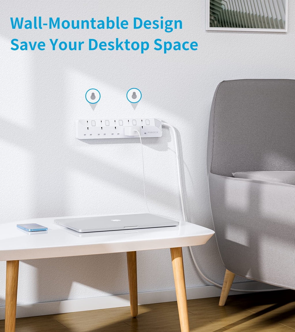 PIBEEX Extension Lead 2 Way Plug Sockets with Individual Switches Wall Mountable Power Strip 3M Extension Cable 13A Fused UK Plug 3250W