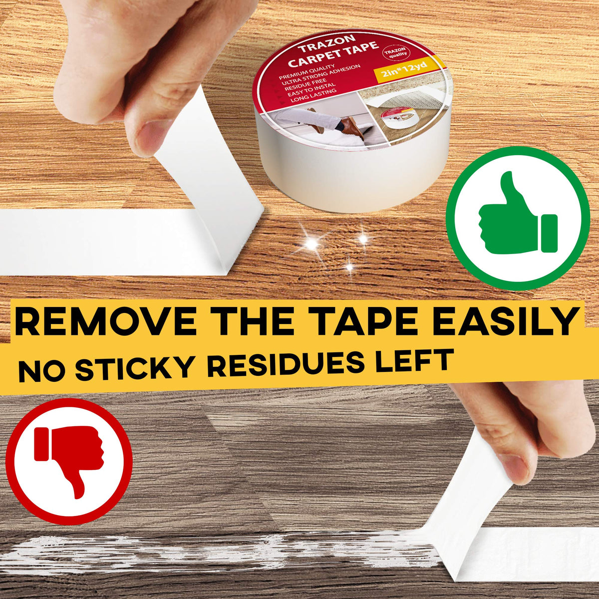 Carpet Tape Double Sided - Rug Tape Grippers for Hardwood Floors and Area Rugs - Carpet Binding Tape Strong Adhesive and Removable, Heavy Duty Stickers Grip Tape, Residue Free (2 Inch / 12 Yards)