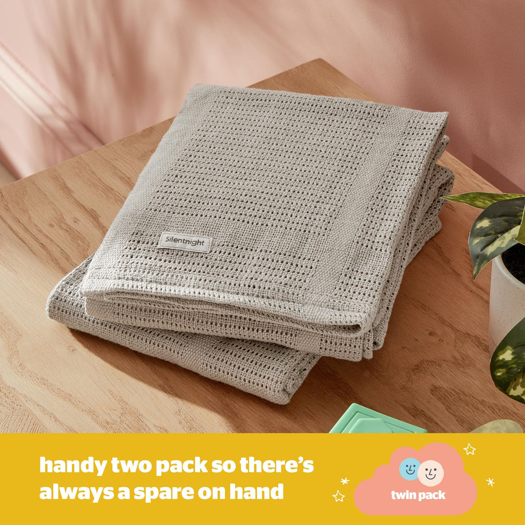 Silentnight Safe Nights Baby Blanket - Pack of 2 Soft 100% Cotton Cellular Baby Blanket for Newborn Ideal for Cot, Crib, Moses Basket and Pram - Baby Essentials - 2 Pack - Grey