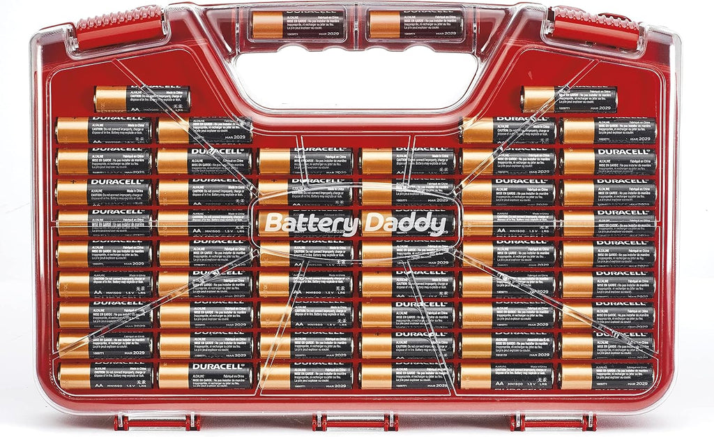 Ontel Battery Daddy Storage & Organizer Case w/Tester, Stores & Protects Up to 180 Batteries, Double-Sided, Clear Locking Lid, Secure Latches & Portable Carrying Handle - Red (Batteries Not Included)