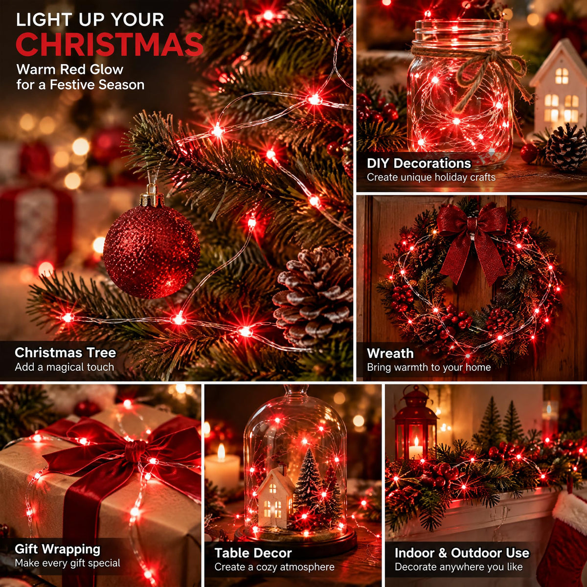 Dazzle Bright Fairy Lights Battery Operated, 20 FT 60 LED Silver Wire Waterproof Battery Operated String Lights, Christmas Decorations for Indoor Outdoor Bedroom Yard Decor, Red