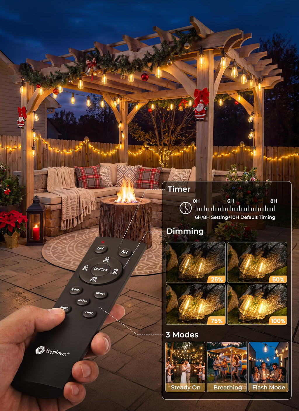 Brightown 52FT Solar String Lights Outdoor Waterproof, Last 30+ Hrs Runtime