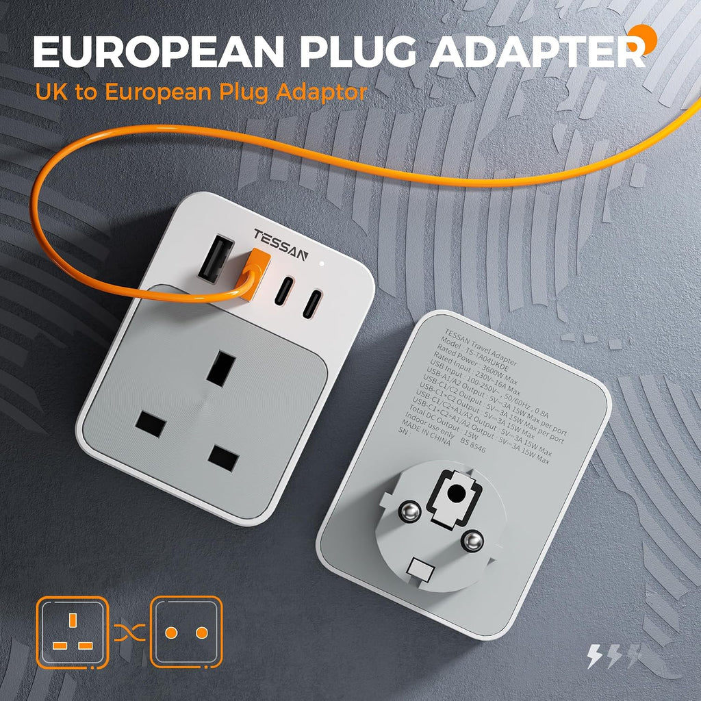 TESSAN UK to European Plug Adapter 2 Pack, EU Travel Plugs with USB C