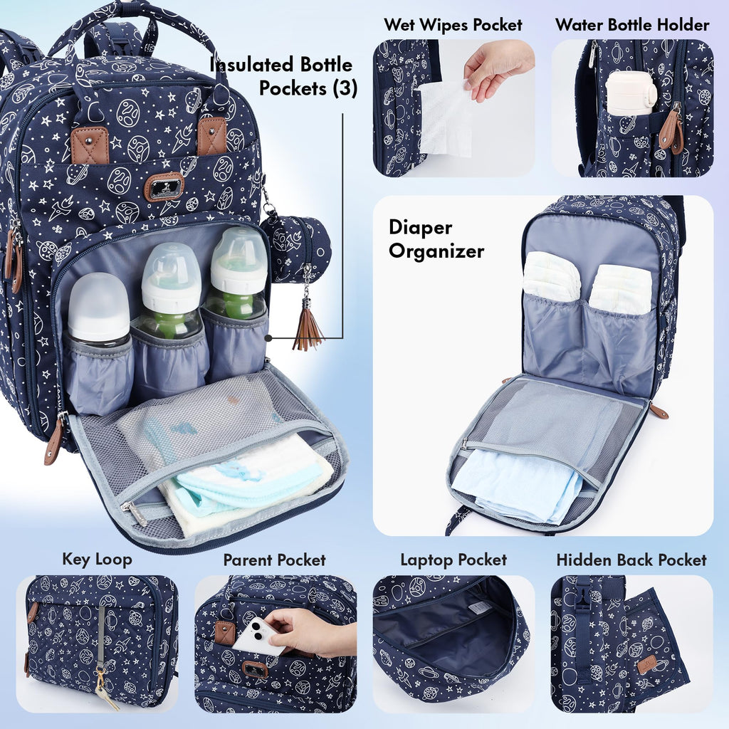 Dikaslon Baby Changing Bag Backpack, Large Nappy Back Pack Multifunction Baby Bags with Portable Changing Mat, Pacifier Holder, and Stroller Straps, for Mom and Dad