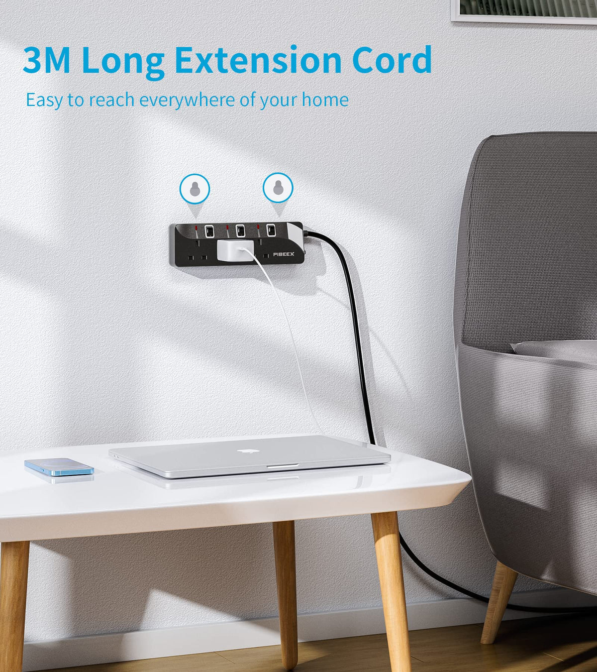 PIBEEX Extension Lead 2 Way Plug Sockets with Individual Switches Wall Mountable Power Strip 3M Extension Cable 13A Fused UK Plug 3250W