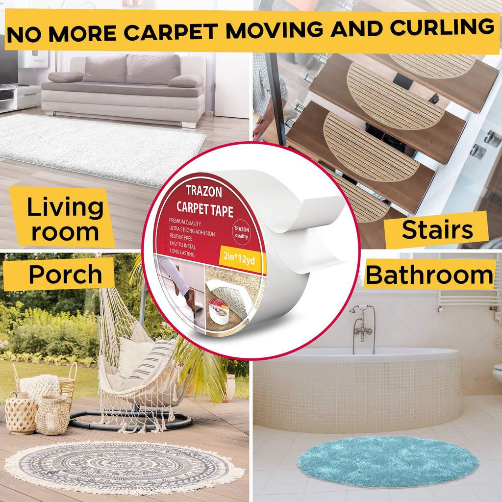 Carpet Tape Double Sided - Rug Tape Grippers for Hardwood Floors and Area Rugs - Carpet Binding Tape Strong Adhesive and Removable, Heavy Duty Stickers Grip Tape, Residue Free (2 Inch / 12 Yards)