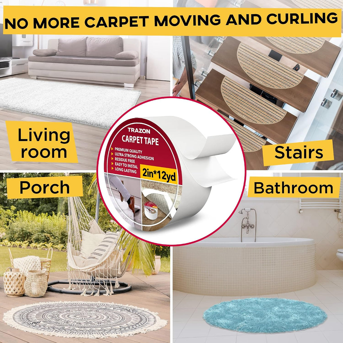 Carpet Tape Double Sided - Rug Tape Grippers for Hardwood Floors and Area Rugs - Carpet Binding Tape Strong Adhesive and Removable, Heavy Duty Stickers Grip Tape, Residue Free (2 Inch / 12 Yards)