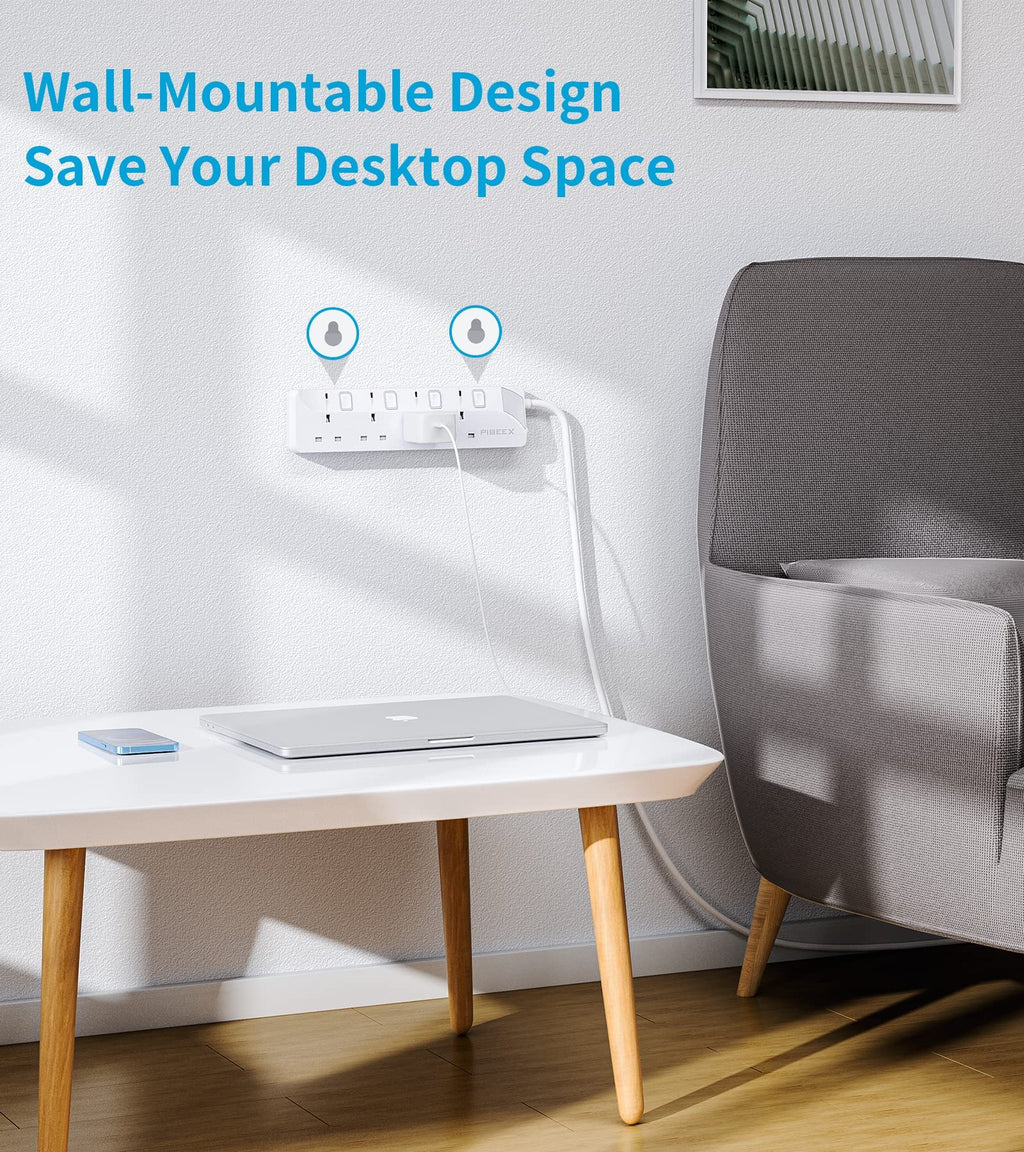 PIBEEX Extension Lead 2 Way Plug Sockets with Individual Switches Wall Mountable Power Strip 3M Extension Cable 13A Fused UK Plug 3250W